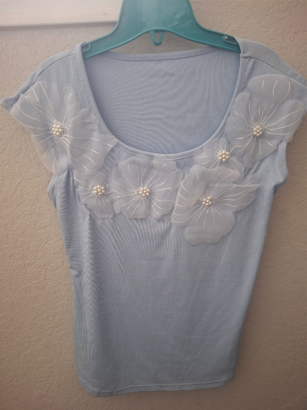 Shein, XL women blouse, light blue with white pedals
